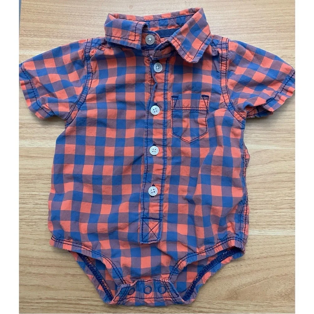 OshKosh B'gosh Orange and Blue Plaid Bodysuit Size 3 - 6 Months